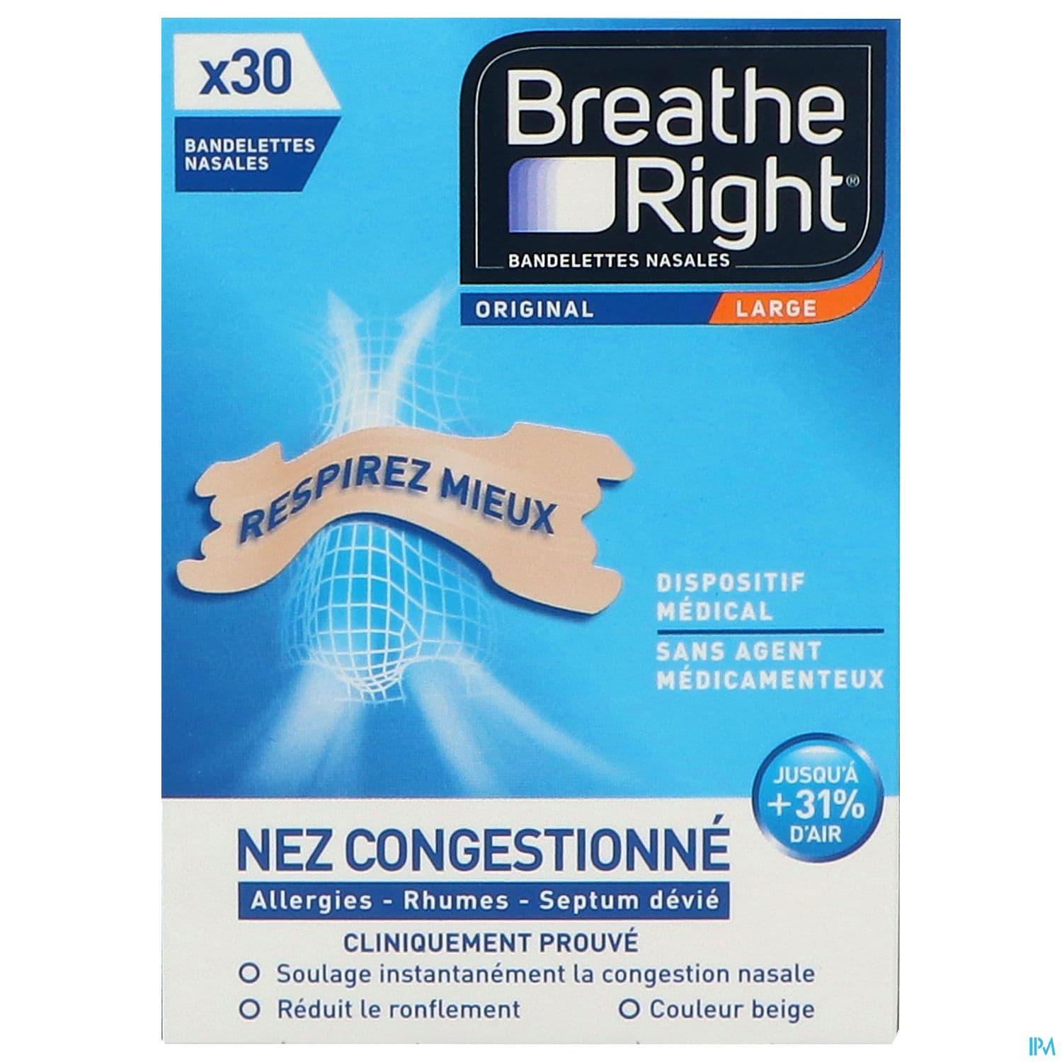 Breathe Right Original Bandelette Nasale Adhesive Nez Congestionne 30