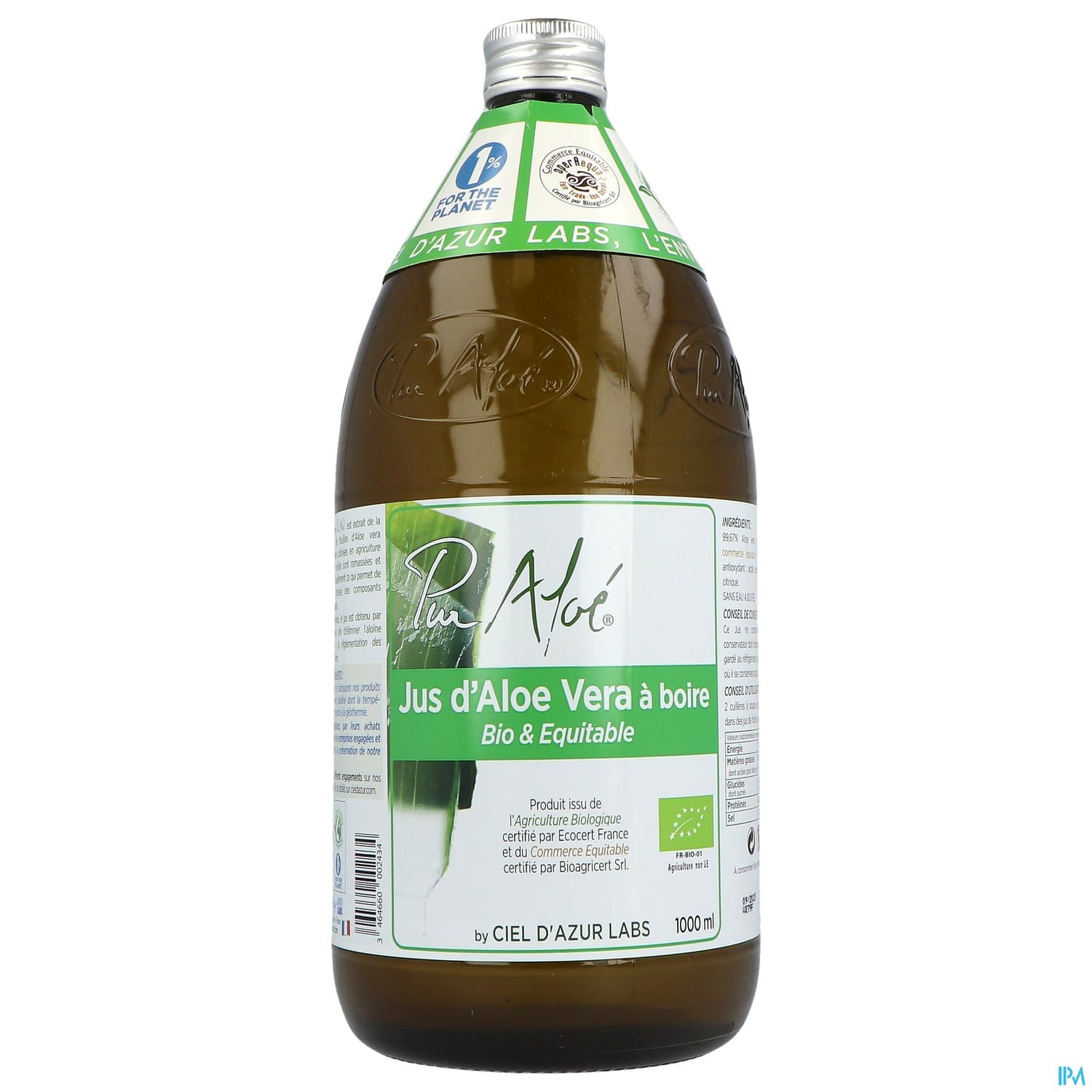 Ciel Azur Puraloe Pur Jus Aloe Vera Pasteurise Bio 1l