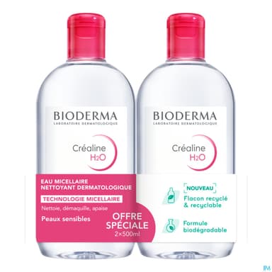 Bioderma Crealine H2o Eau Micellaire Nettoyante 500ml X2