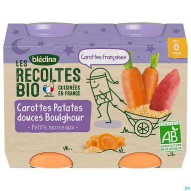 Bledina Les Recoltes Bio Pot Carotte Patate Douce Boulgour 200g X2