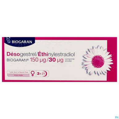 Desogestrel Ethinylestradiol Biogaran 150/30mcg Comprime 21 X3