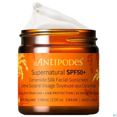 Antipodes Supernatural Spf50+ Creme Solaire Visage Soyeuse Aux Ceramides 60ml