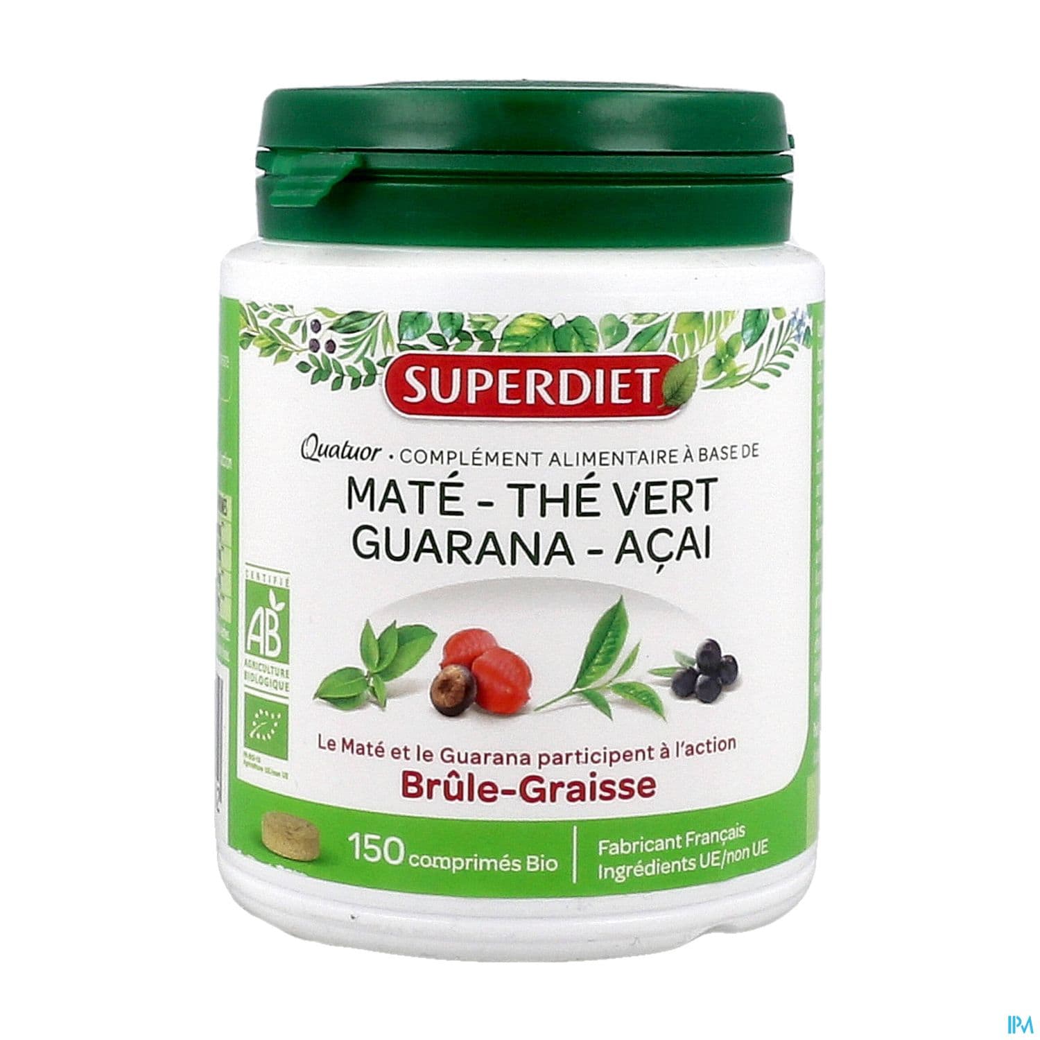 Superdiet Quatuor Brule Graisse Bio Mate Guarana The Vert Acai Comprime 150