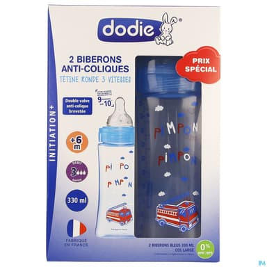 Dodie Initiation+ Biberon Anticolique Bleu Pompier +6mois 330ml X2