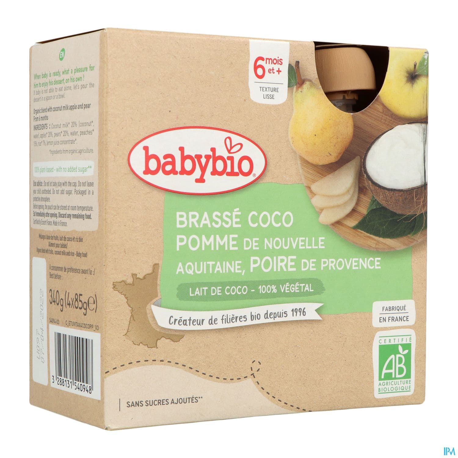 Babybio Brasse Vegetal Au Lait De Coco Pomme Poire De Provence Gourde 6m 85g X4