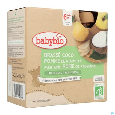 Babybio Brasse Vegetal Au Lait De Coco Pomme Poire De Provence Gourde 6m 85g X4
