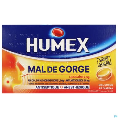 Humex Mal Gorge Lidocaine Miel Citron Sans Sucre Pastille 24