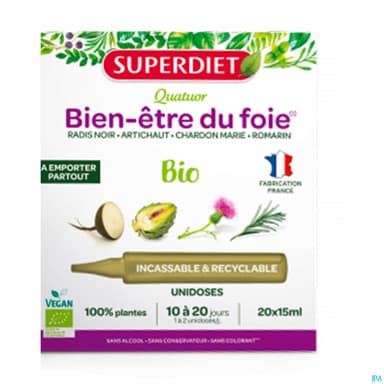 Superdiet Quatuor Digestion Bio Radis Noir Artichaut Chardon Marie Romarin Unidose 15ml 20