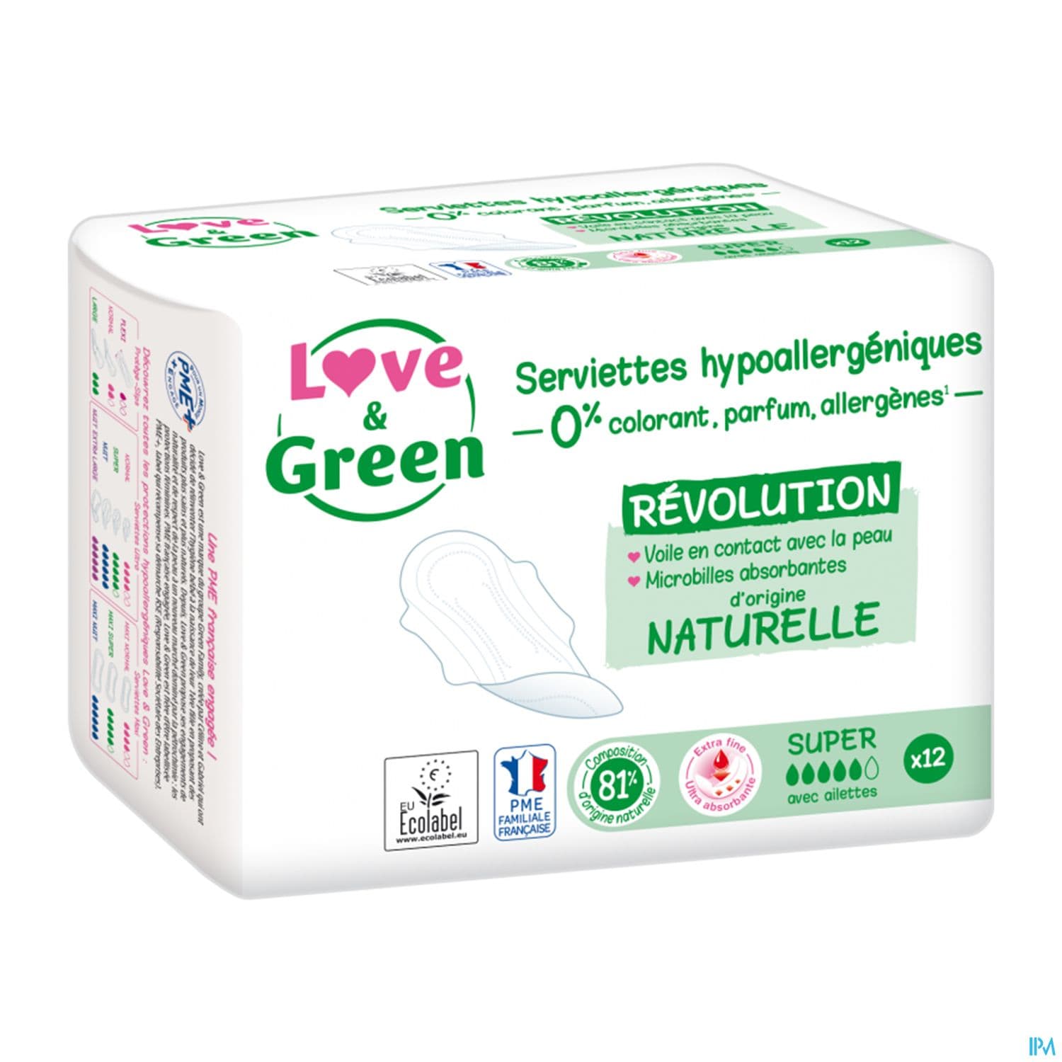 Love Green Serviettes Ecolabellisees Et Hypoallergeniques Ultra Super X12 Avec Ailettes