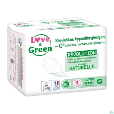 Love Green Serviettes Ecolabellisees Et Hypoallergeniques Ultra Super X12 Avec Ailettes