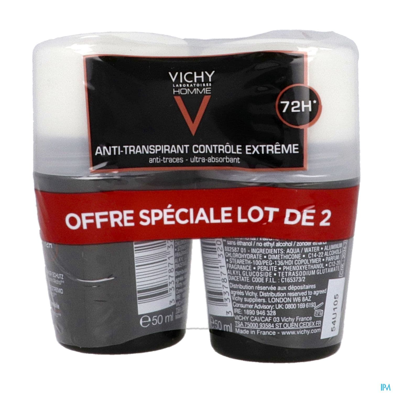Vichy Homme Antitranspirant Bille Antitrace 72h 50ml X2