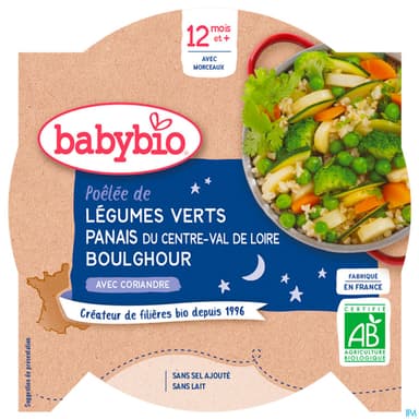Babybio Bonne Nuit Poelee De Legumes Verts Panais Boulghour A La Coriandre 12m 230g
