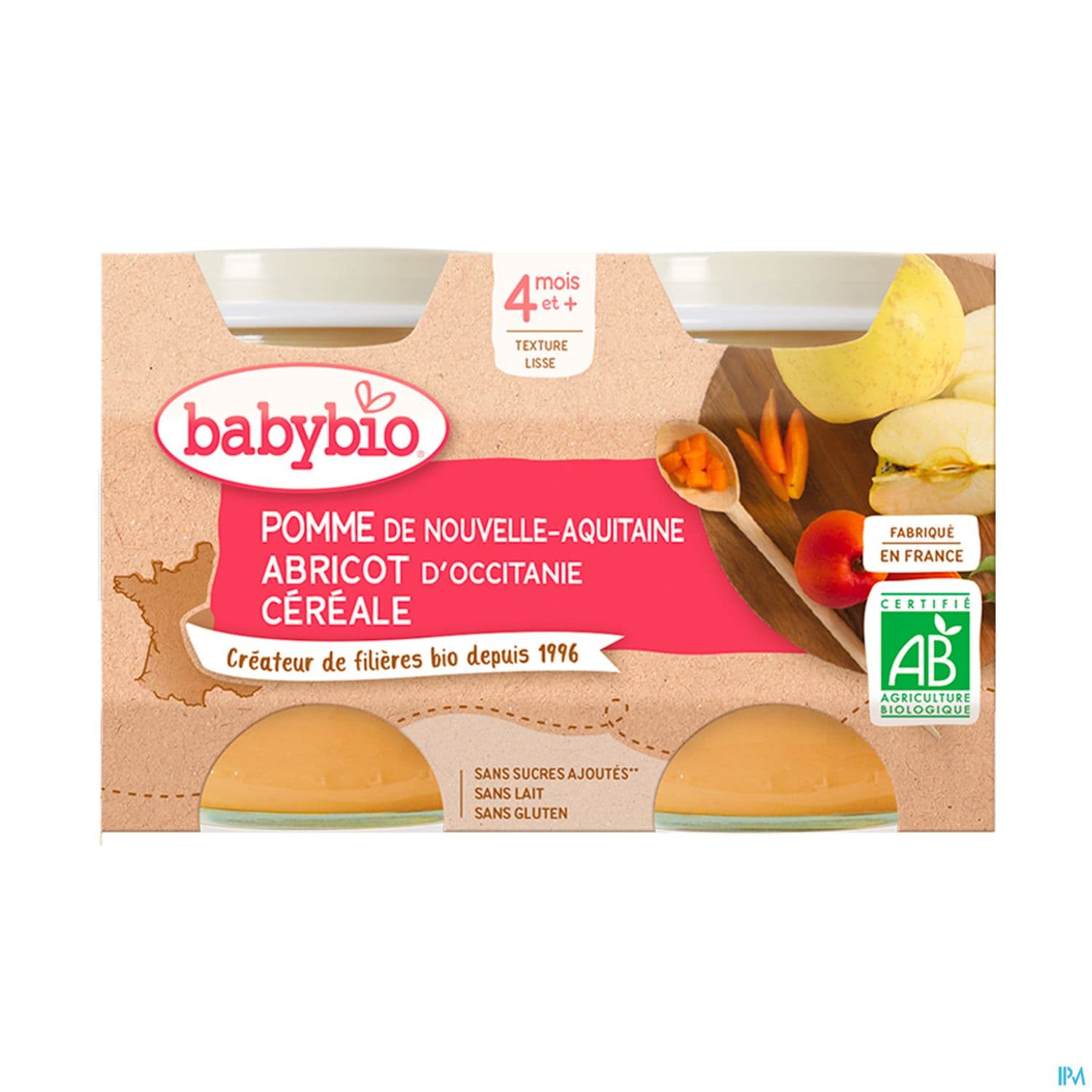 BABYBIO POMM/ABRICO/CEREALE 2X130G