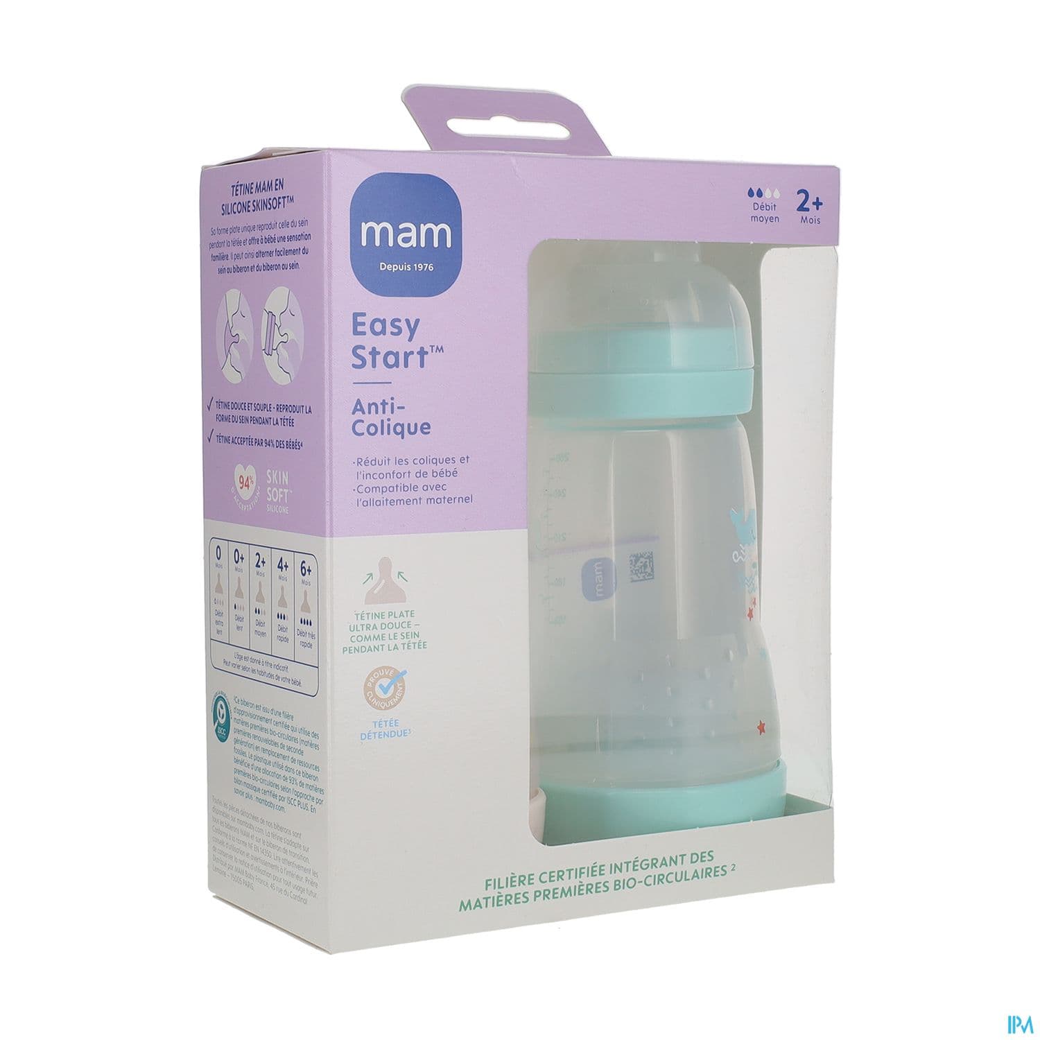 Mam Biberon Easy Start Anticolique Classique 260ml Menthe + Coton Tetine Debit 2 X2
