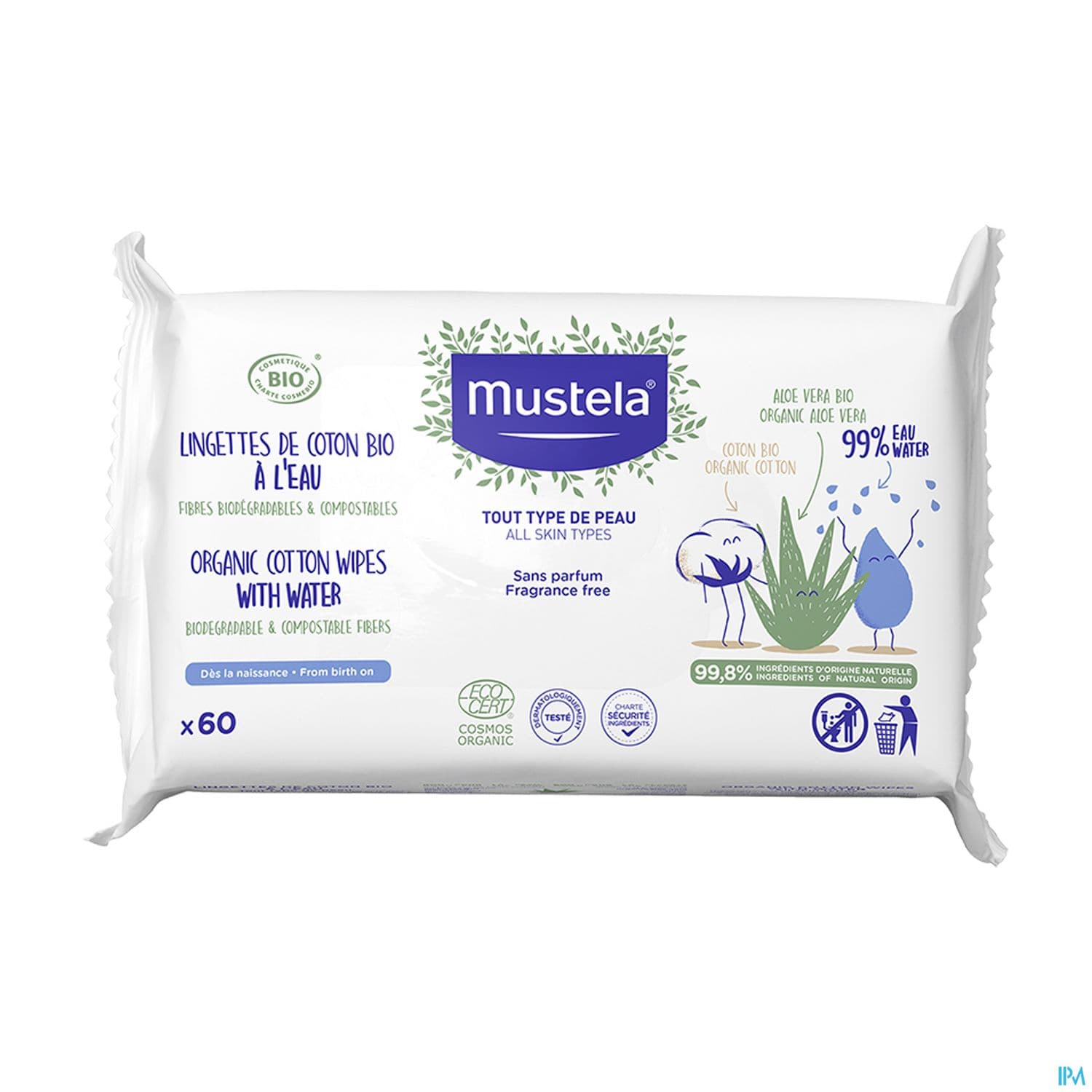 Mustela Bebe Enfant Lingettes De Coton Bio A l Eau 60