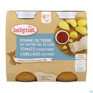 Babybio Babynat Pomme De Terre Du Centre Val De Loire Tomate Cabillaud Sauvage 6m 200g X2