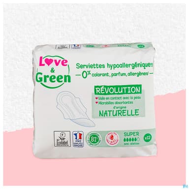 Love Green Serviettes Ecolabellisees Et Hypoallergeniques Ultra Super X12 Avec Ailettes