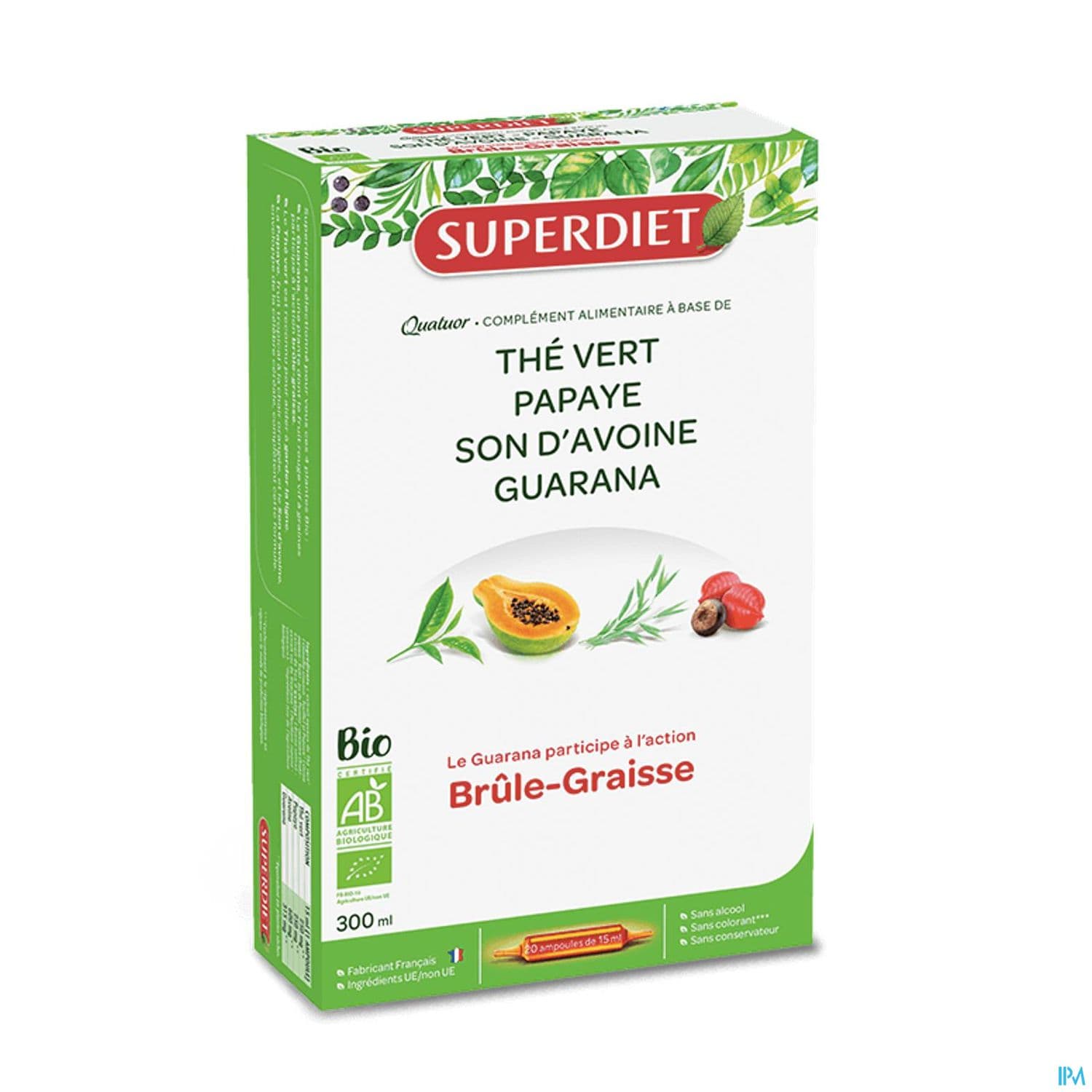 Superdiet Quatuor Brule Graisse Bio The Vert Papaye Son D'avoine Guarana Ampoule Buvable 15ml 20