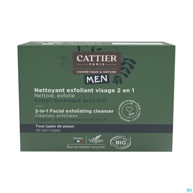 Cattier Men Nettoyant Exfoliant Visage 2en1 Solide Bio 85g