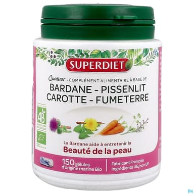 Superdiet Quatuor Beaute De La Peau Bio Bardane Pissenlit Carotte Fumeterre Gelule 150