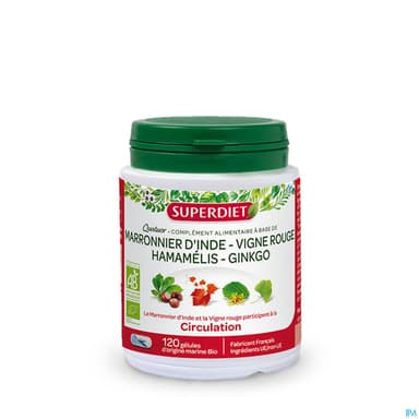 Superdiet Quatuor Circulation Bio Marronnier D'inde Vigne Rouge Hamamelis Ginkgo Gelule 120