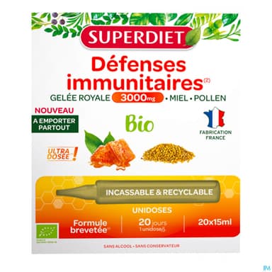 Superdiet Defense Immunitaire Gelee Royale 3000 Bio Unidose 15ml 20