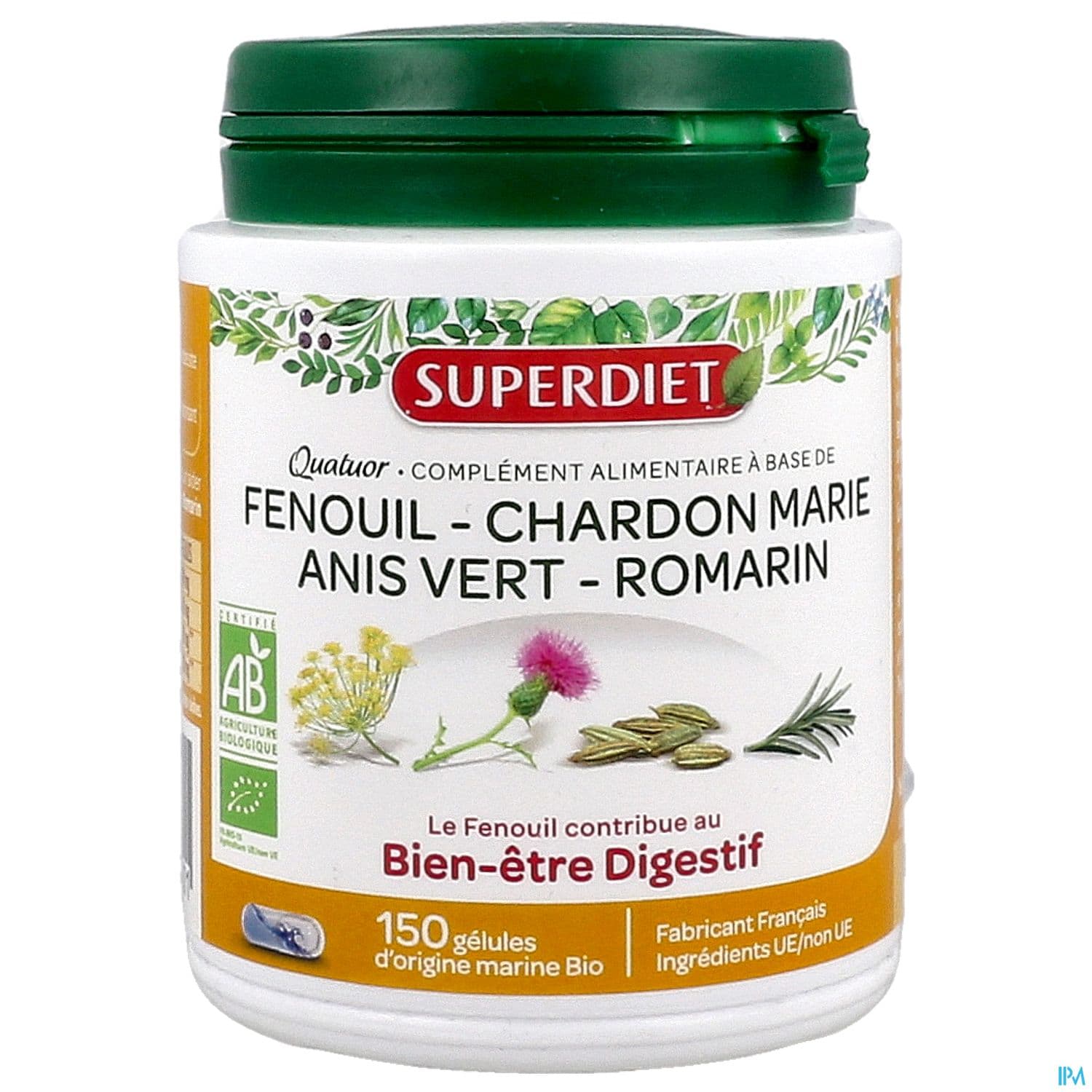 Superdiet Quatuor Digestion Bio Fenouil Chardon Marie Anis Vert Romarin Gelule 150