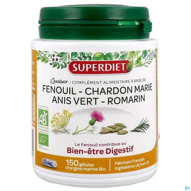 Superdiet Quatuor Digestion Bio Fenouil Chardon Marie Anis Vert Romarin Gelule 150