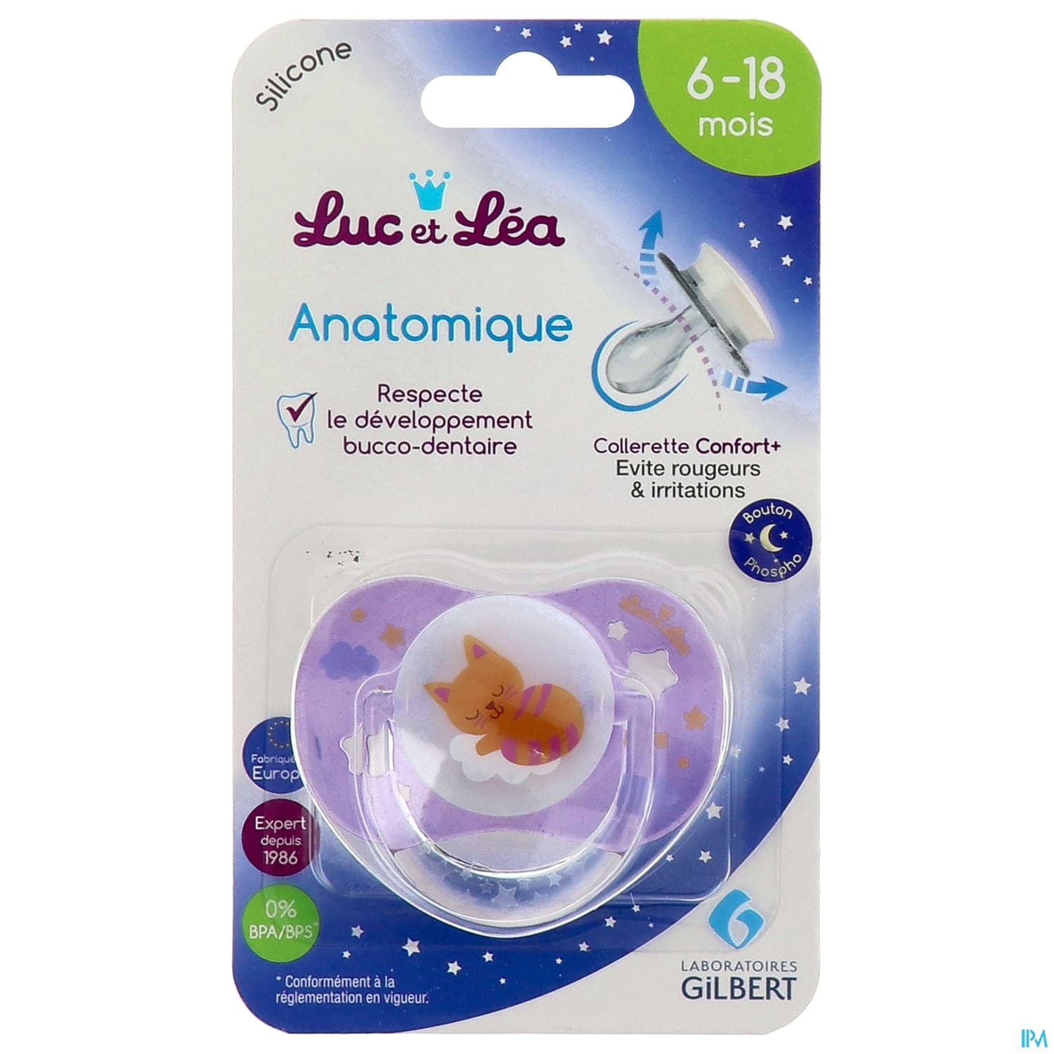 Luc Et Lea Sucette Anatomique Nuit Chat Anneau 6/18m
