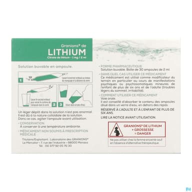 Granions Lithium 1mg/2ml Solution Buvable Ampoule 30