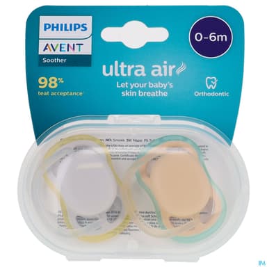Avent Sucette Ultra Air Mixte Silicone Neutre 0/6m X2