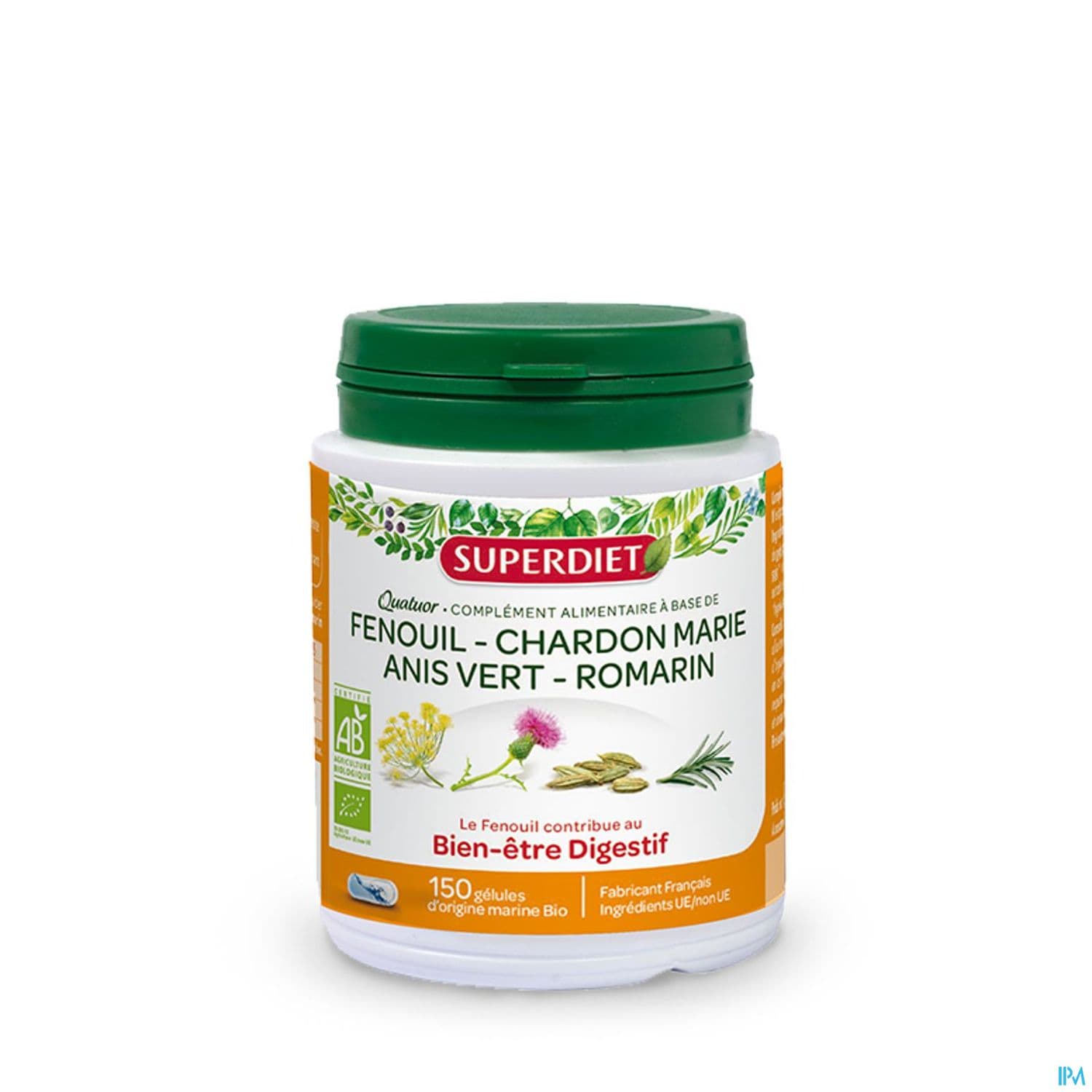 Superdiet Quatuor Digestion Bio Fenouil Chardon Marie Anis Vert Romarin Gelule 150
