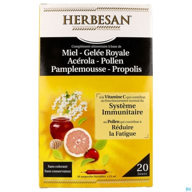 Herbesan Miel Gelee Royale Acerola Pollen Pamplemousse Propolis Ampoule Buvable 15ml 20