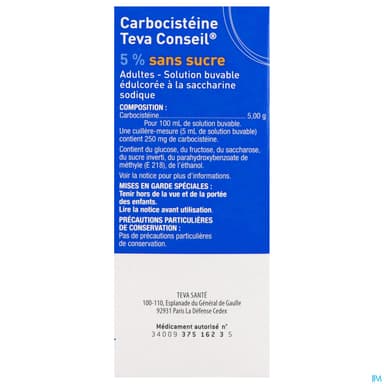 Carbocisteine Teva Conseil 5% Adulte Sans Sucre 200ml