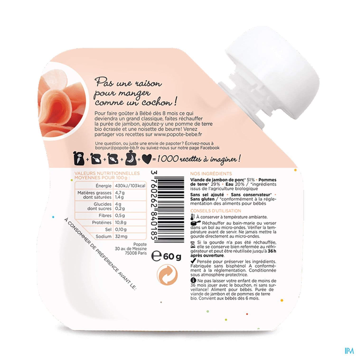 POPOTE PUREE JAMBON MORCEAUX 60G