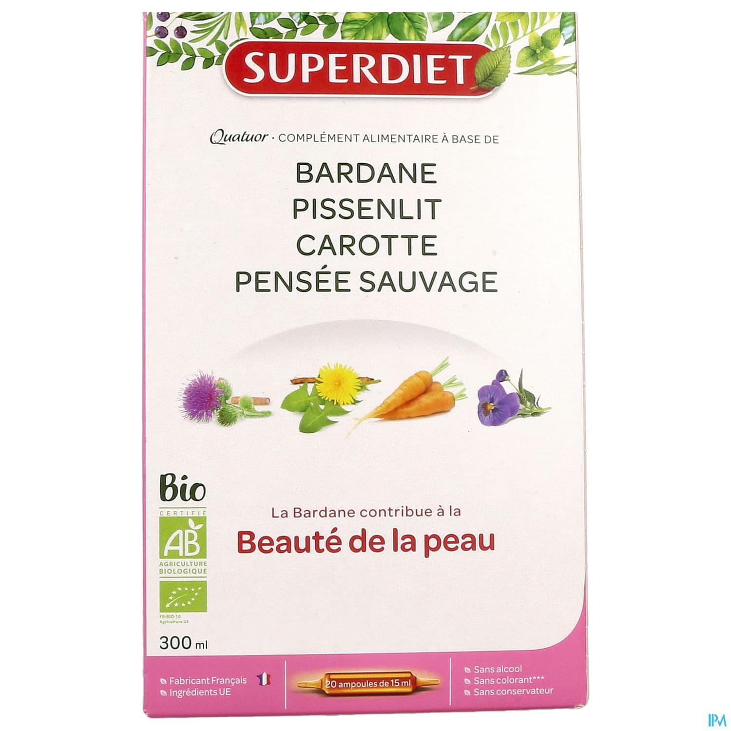 Superdiet Quatuor Beaute De La Peau Bio Bardane Pissenlit Carotte Ortie Ampoule Buvable 15ml 20