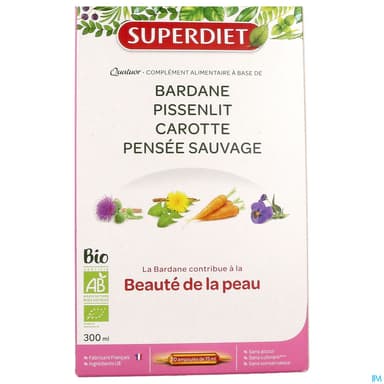 Superdiet Quatuor Beaute De La Peau Bio Bardane Pissenlit Carotte Ortie Ampoule Buvable 15ml 20