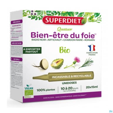 Superdiet Quatuor Digestion Bio Radis Noir Artichaut Chardon Marie Romarin Unidose 15ml 20