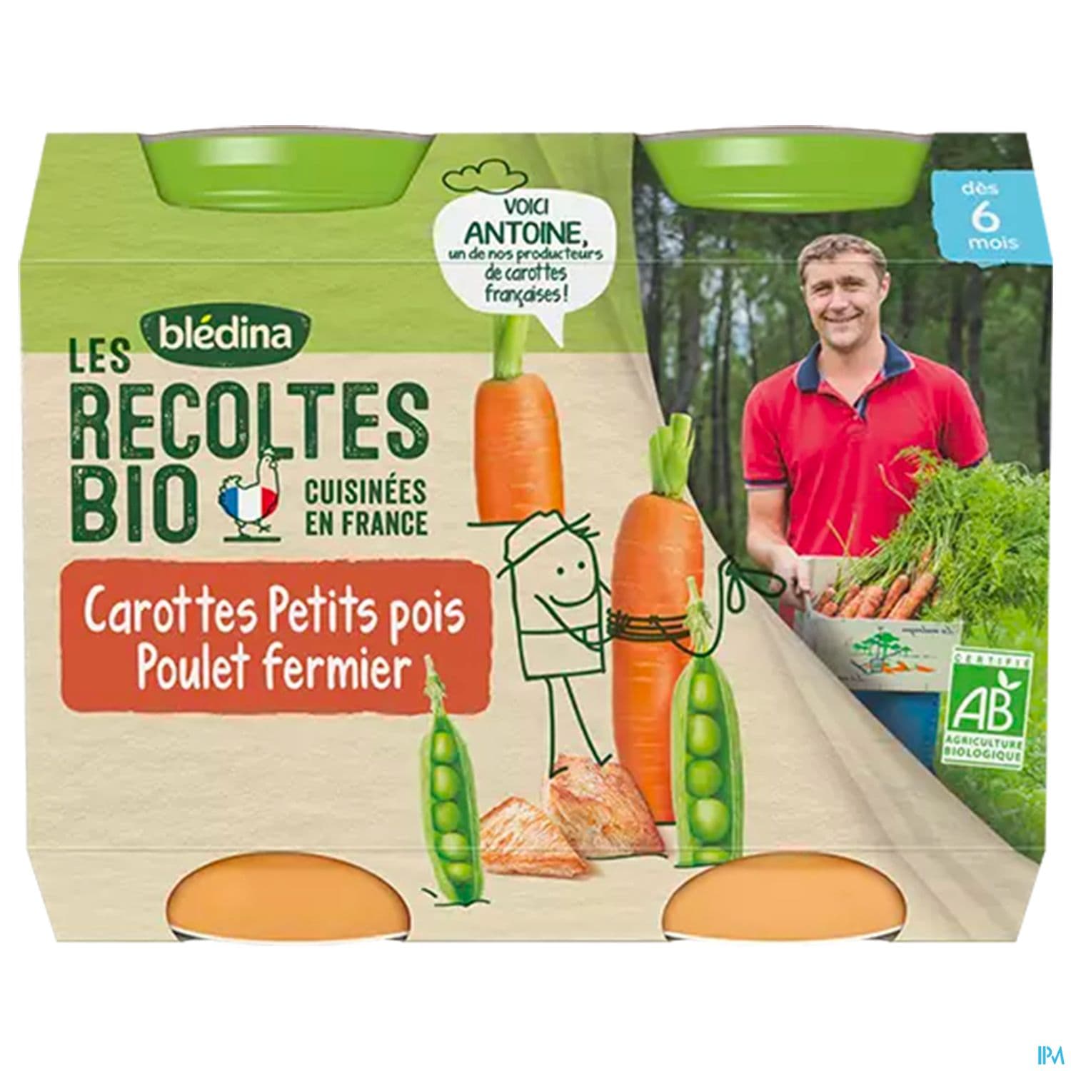 Bledina Les Recoltes Bio Pot Carotte Petits Pois Poulet 200g X2