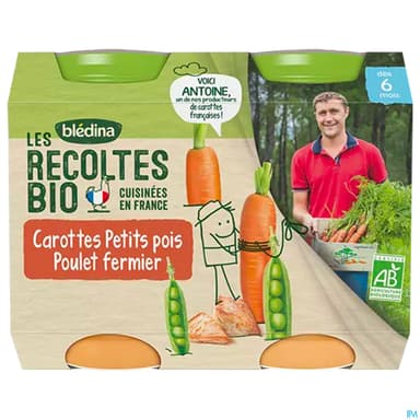 Bledina Les Recoltes Bio Pot Carotte Petits Pois Poulet 200g X2
