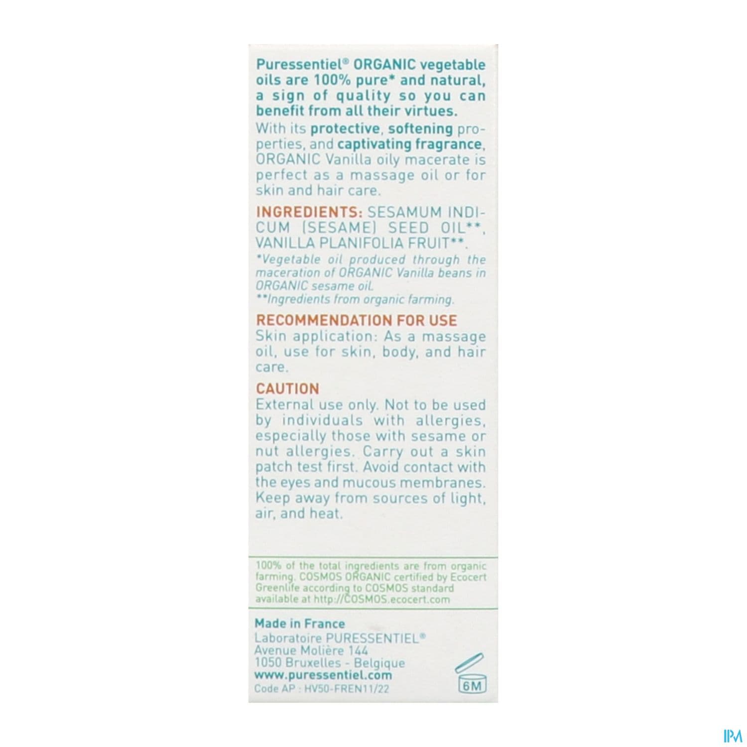 Puressentiel Huile Vegetale Bio Vanille 50ml