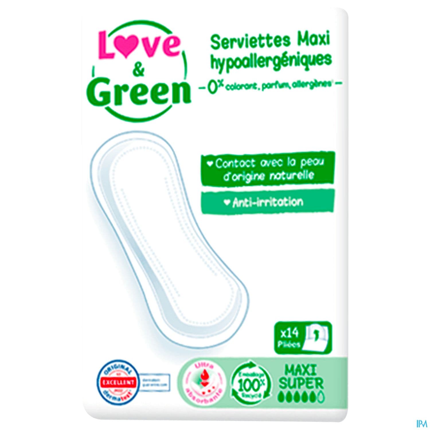 Love Green Serviettes Ecolabellisees Et Hypoallergeniques Maxi Super X14 Sans Ailettes