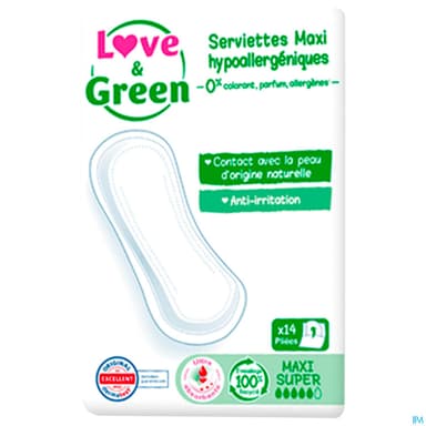Love Green Serviettes Ecolabellisees Et Hypoallergeniques Maxi Super X14 Sans Ailettes