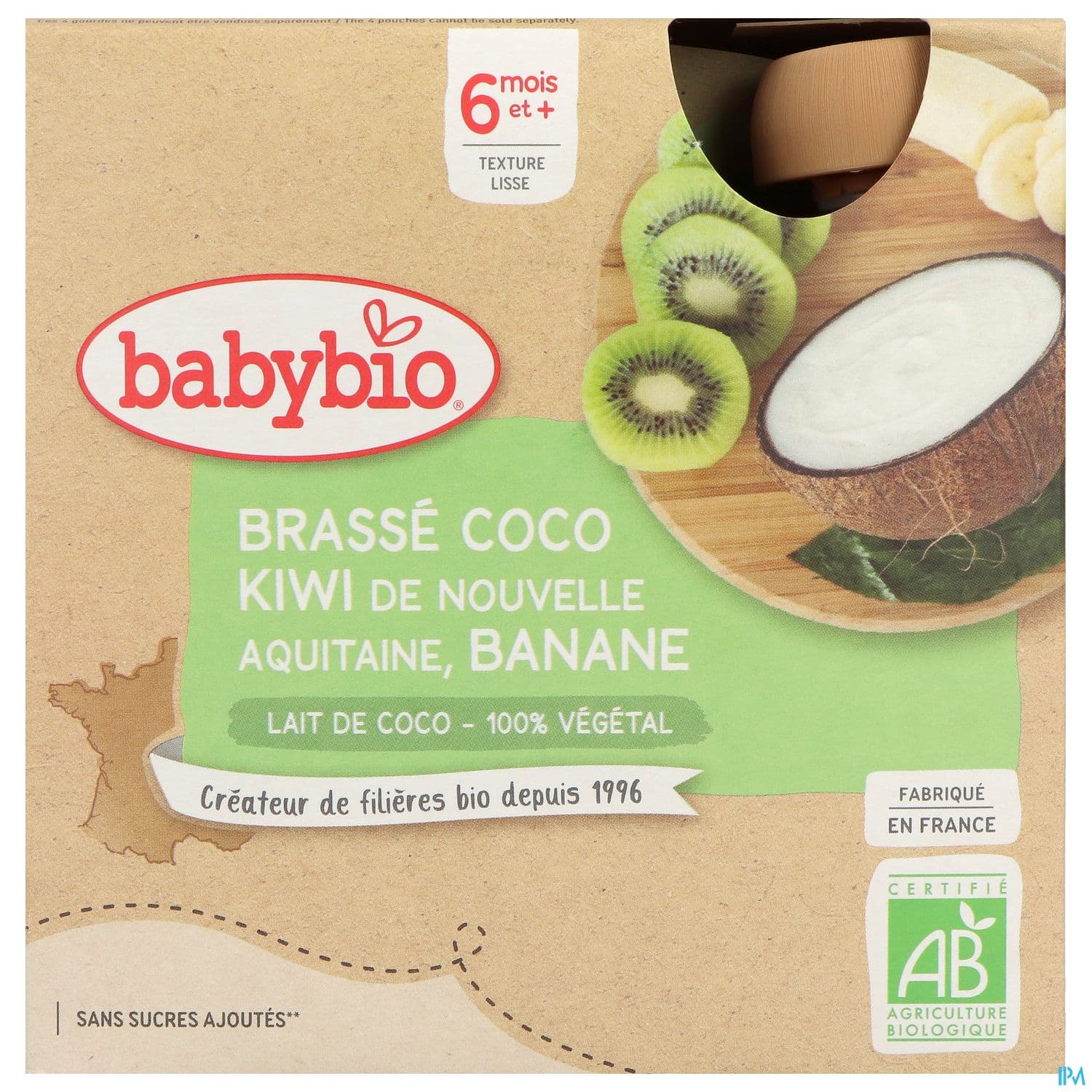 Babybio Brasse Vegetal Au Lait De Coco Kiwi Banane Gourde 6m 85g X4