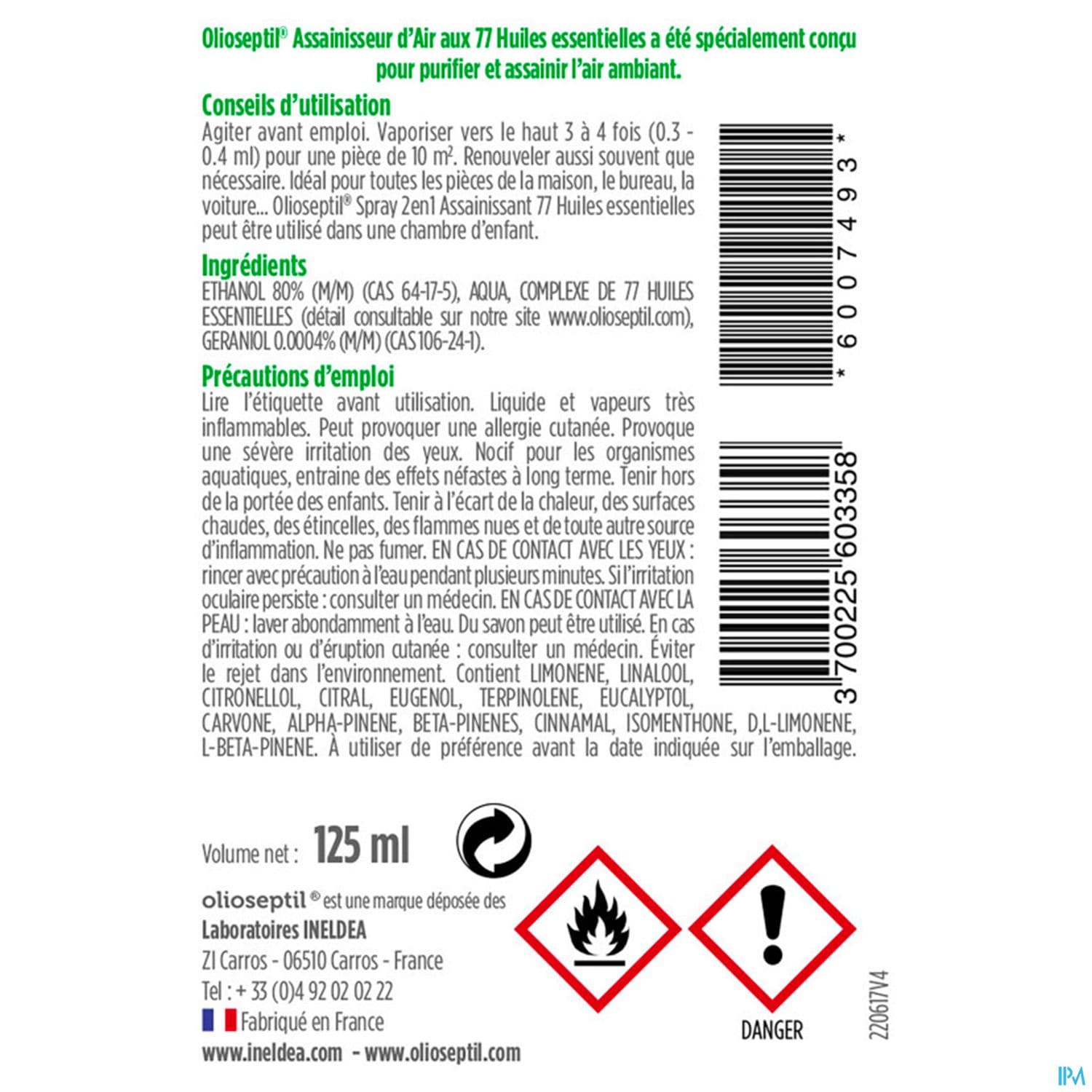 Ineldea Olioseptil Spray Assainisseur D Air 77 Huiles Essentielles Spray 125ml