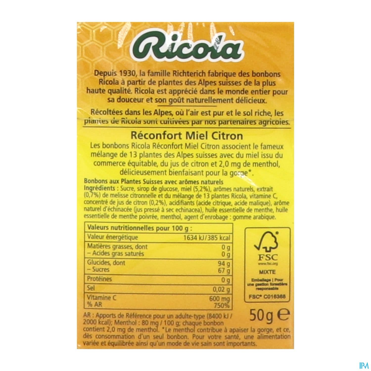 RICOLA RECONFORT MIEL CITRON 50G