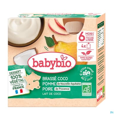 Babybio Brasse Vegetal Au Lait De Coco Pomme Poire De Provence Gourde 6m 85g X4