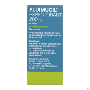 Fluimucil Expectorant Acetylcysteine 200mg Adulte Sans Sucre Granules Sachet 18