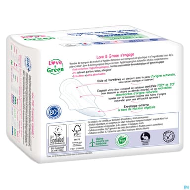 Love Green Serviettes Ecolabellisees Et Hypoallergeniques Ultra Nuit X10 Avec Ailettes