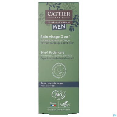 Cattier Men Soin Visage 3en1 Bio Tous Types De Peaux 50ml